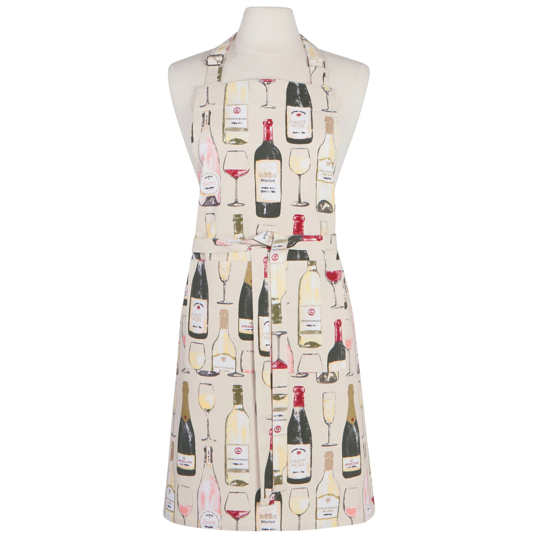 Apron with wine bottle and glass pattern on a mannequin against a white background
