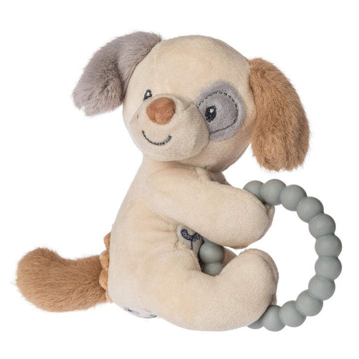 Plush dog toy with a teething ring on a white background