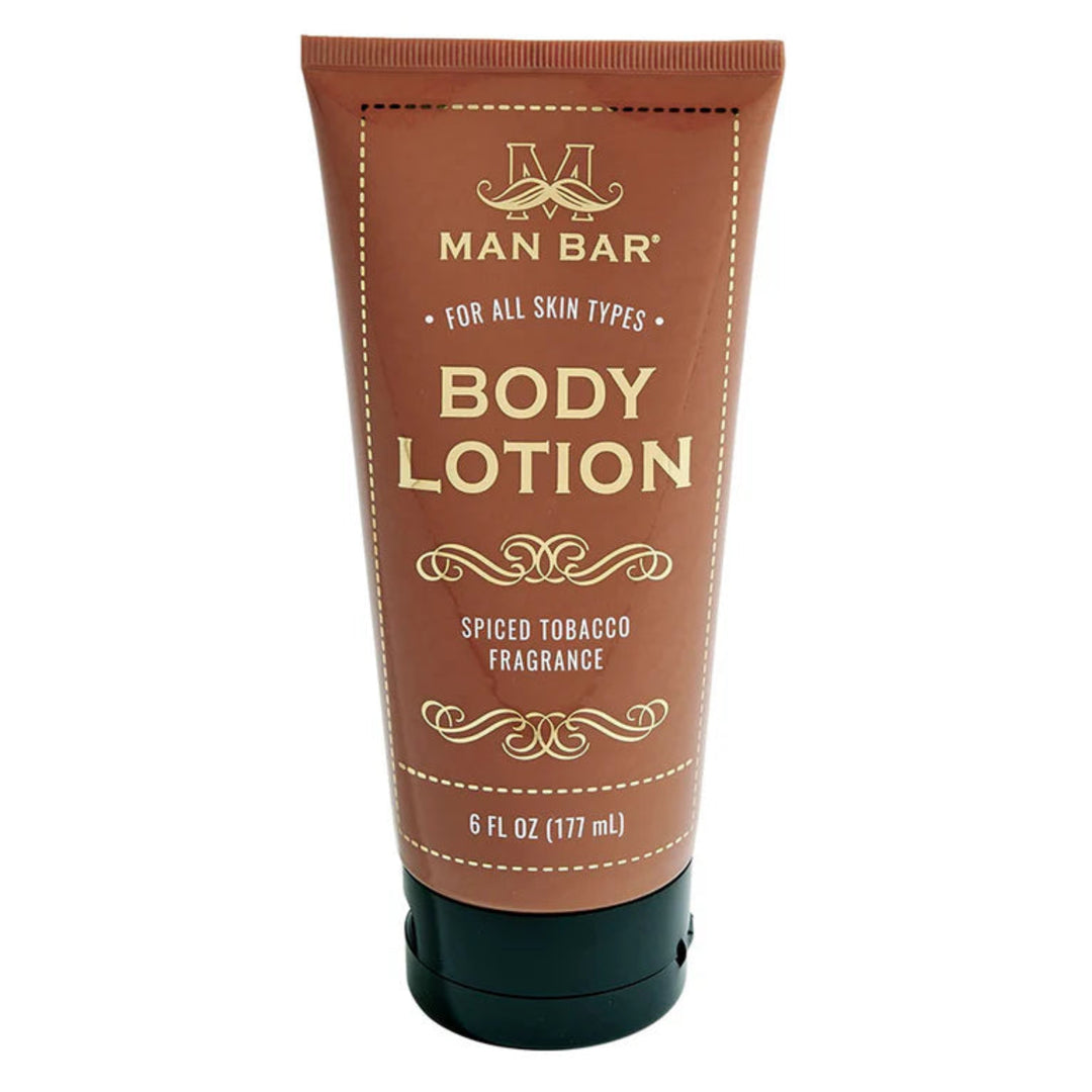Man Bar body lotion tube with spiced tobacco fragrance on a white background