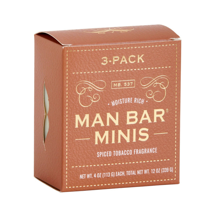 Box of Man Bar Minis soap with spiced tobacco fragrance on a white background