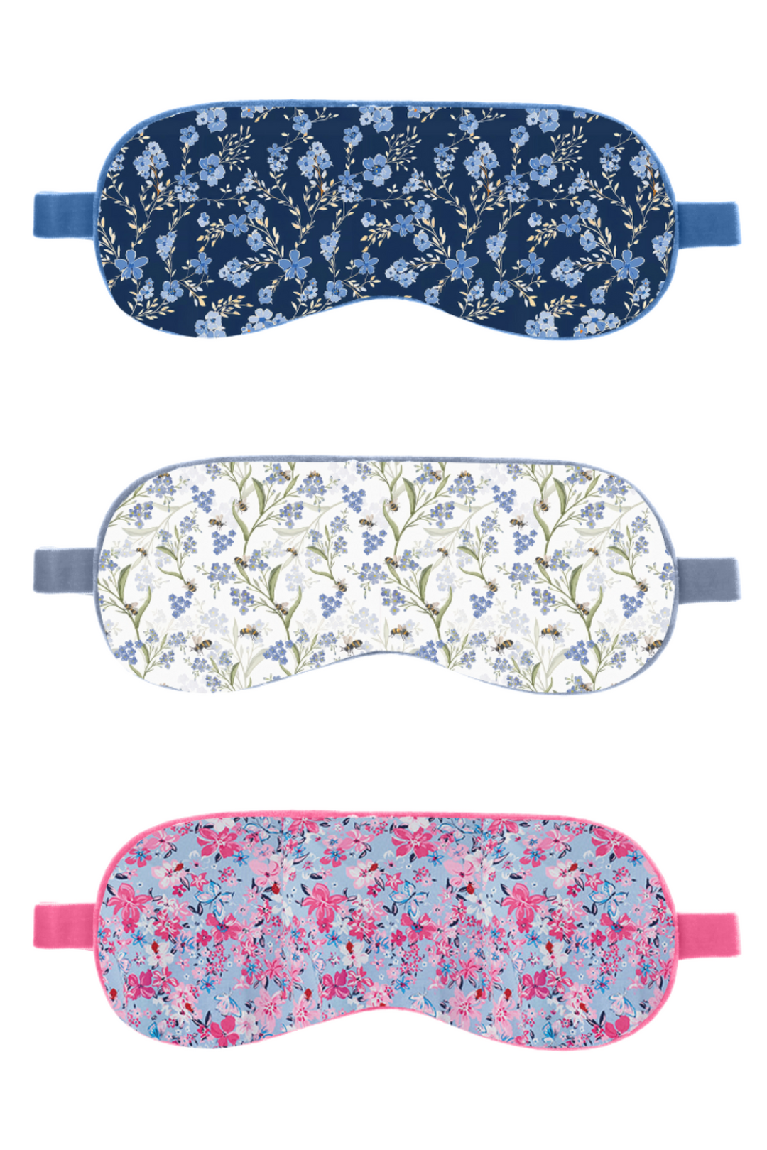 Three floral-patterned eye masks on a white background