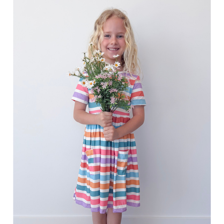 Spring Stripes Girl's Short Sleeve Pocket Twirl Dress
