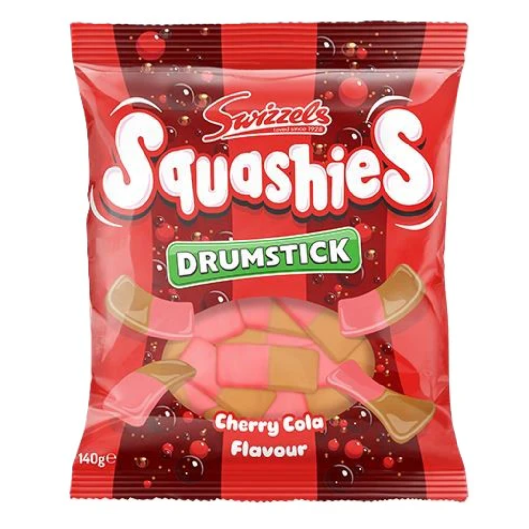 A 140g bag of Swizzels' Squashies Drumstick Cherry Cola Flavour candy, featuring a red and black striped design with the brand name 'Swizzels' and product name 'Squashies' in large white letters.