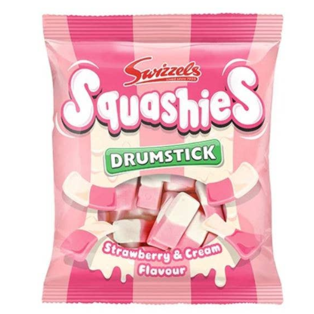 A bag of Swizzels Squashies Drumstick candy in Strawberry & Cream flavour. The packaging features a pink and white striped design with the brand name 'Swizzels' and product name 'Squashies' in large white letters with pink outlines.
