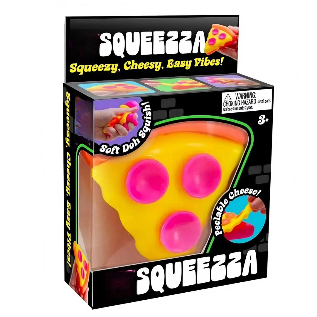 Squeezza toy packaging with yellow and pink design on a white background