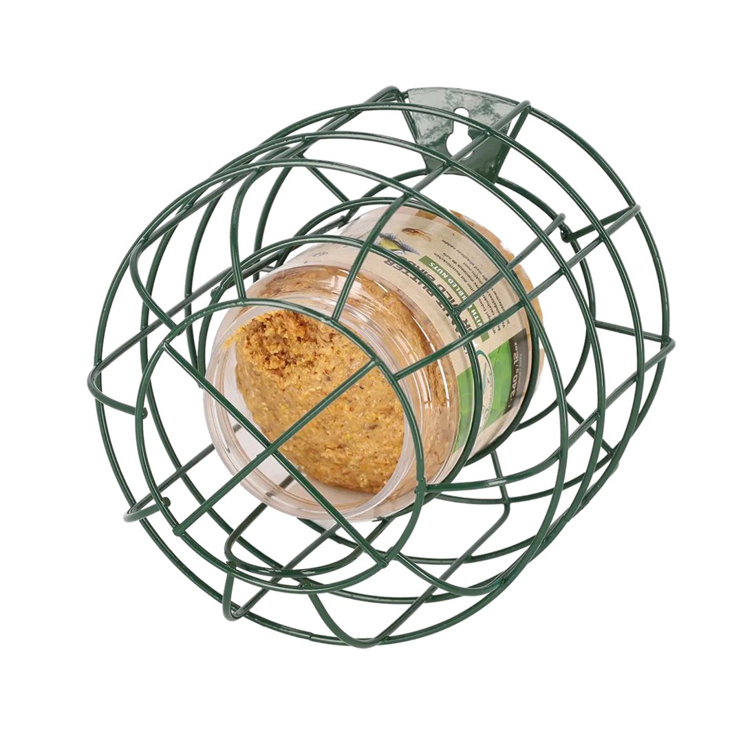 Bird feeder with a cylindrical container inside on a white background