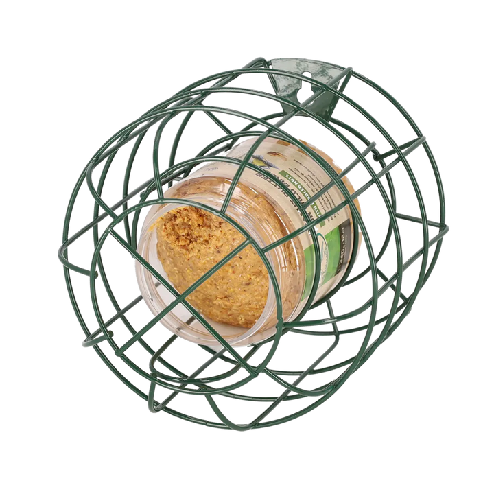 Bird feeder with a cylindrical container inside on a white background