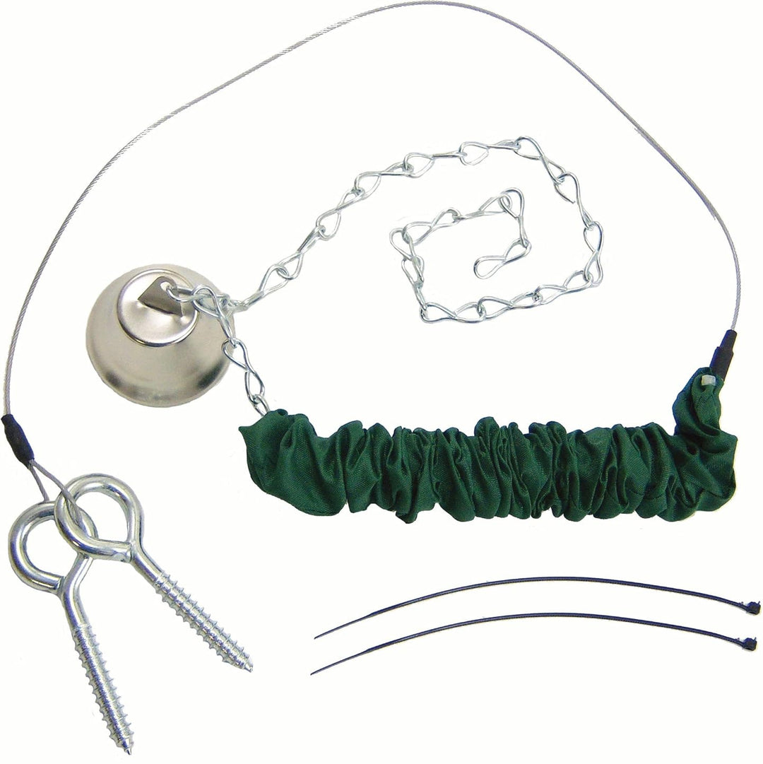 Fishing tool set with green handle, metal components, and wires on a white background