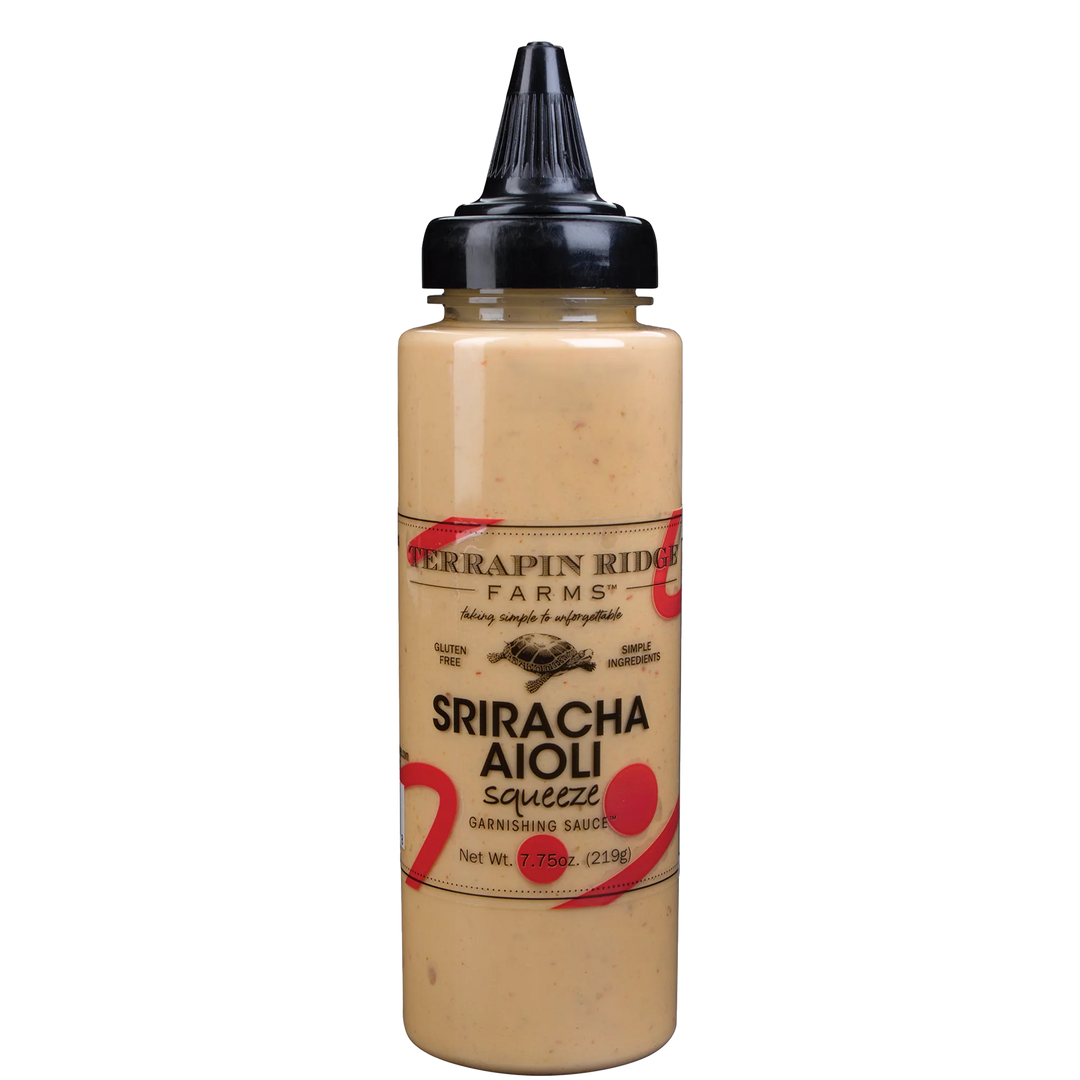 Squeezable bottle of Terrapin Ridge Farms Sriracha Aioli on a white background