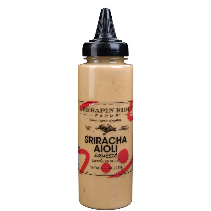 Squeezable bottle of Terrapin Ridge Farms Sriracha Aioli on a white background