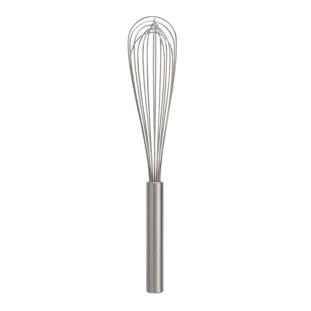 A stainless steel wire whisk with a cylindrical metal handle, shown vertically against a plain white background.