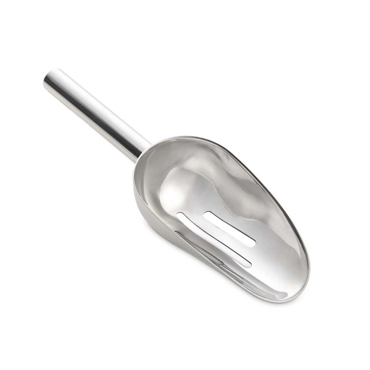 A polished stainless steel scoop with a long cylindrical handle and a wide, slightly tapered bowl, shown on a plain white background.
