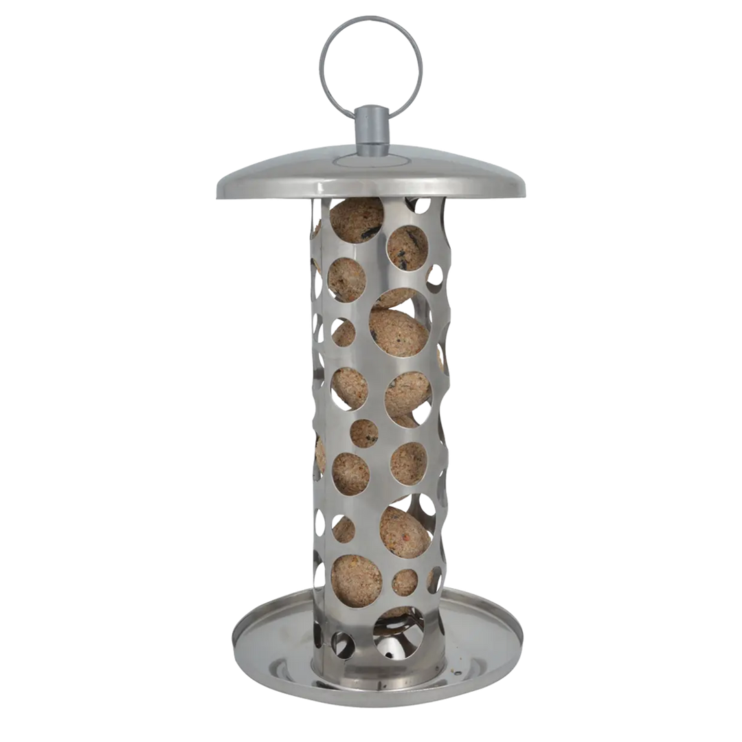 Metal bird feeder with cork balls on a white background