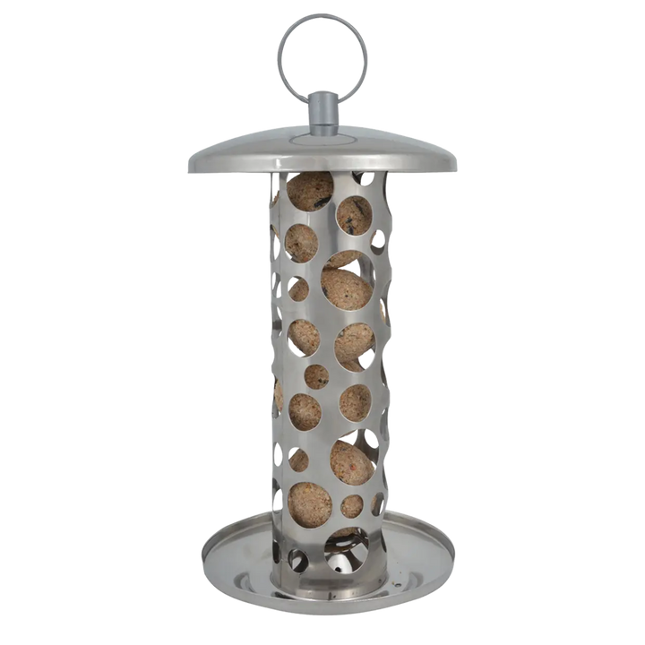 Metal bird feeder with cork balls on a white background