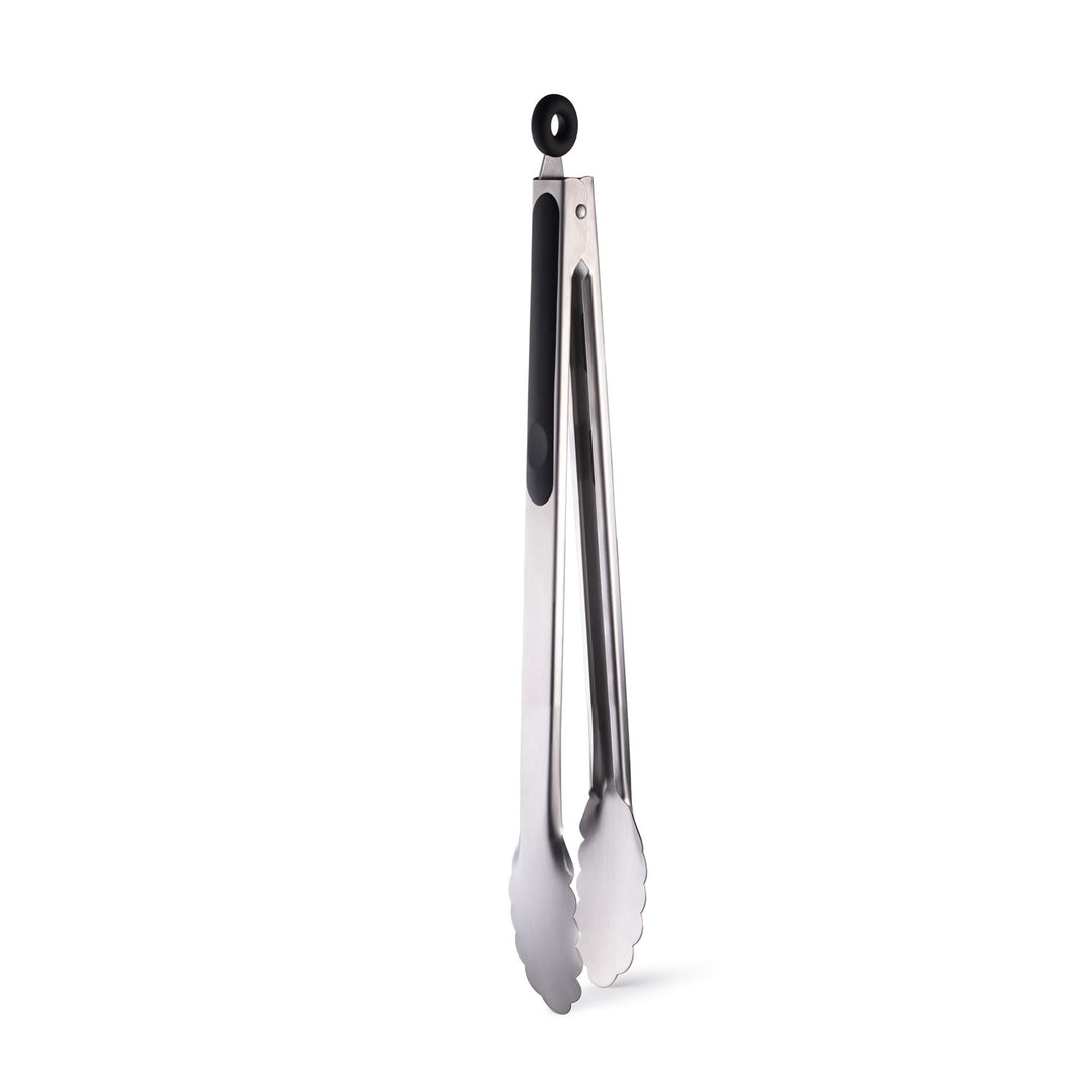 Metallic tongs with a black handle on a white background