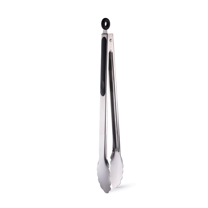 Metallic tongs with a black handle on a white background