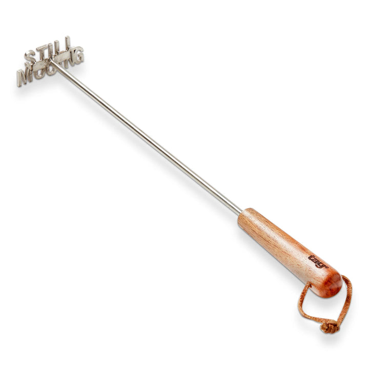Long-handled tool with wooden handle and metal rod on a white background, featuring 'Still Young' branding.
