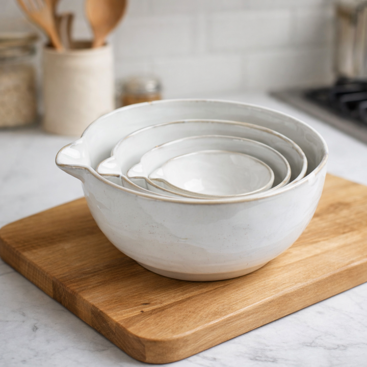 Set of white ceramic bowls on a wooden cutting board in a kitchen setting