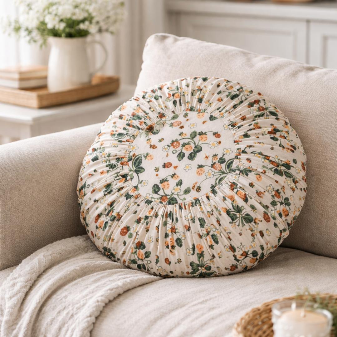 Round floral pillow on a beige sofa with a neutral background