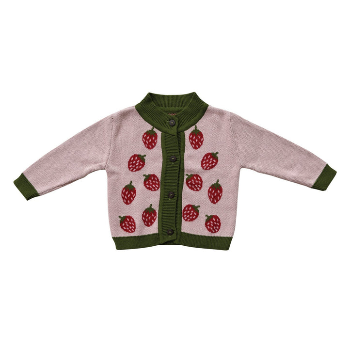 Children's cardigan with strawberry pattern on a white background