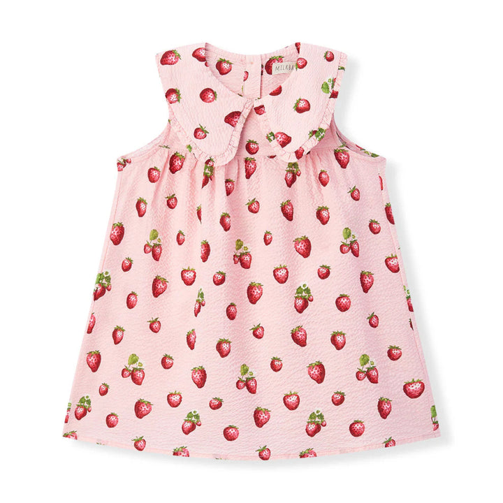 Pink sleeveless top with strawberry pattern on a white background