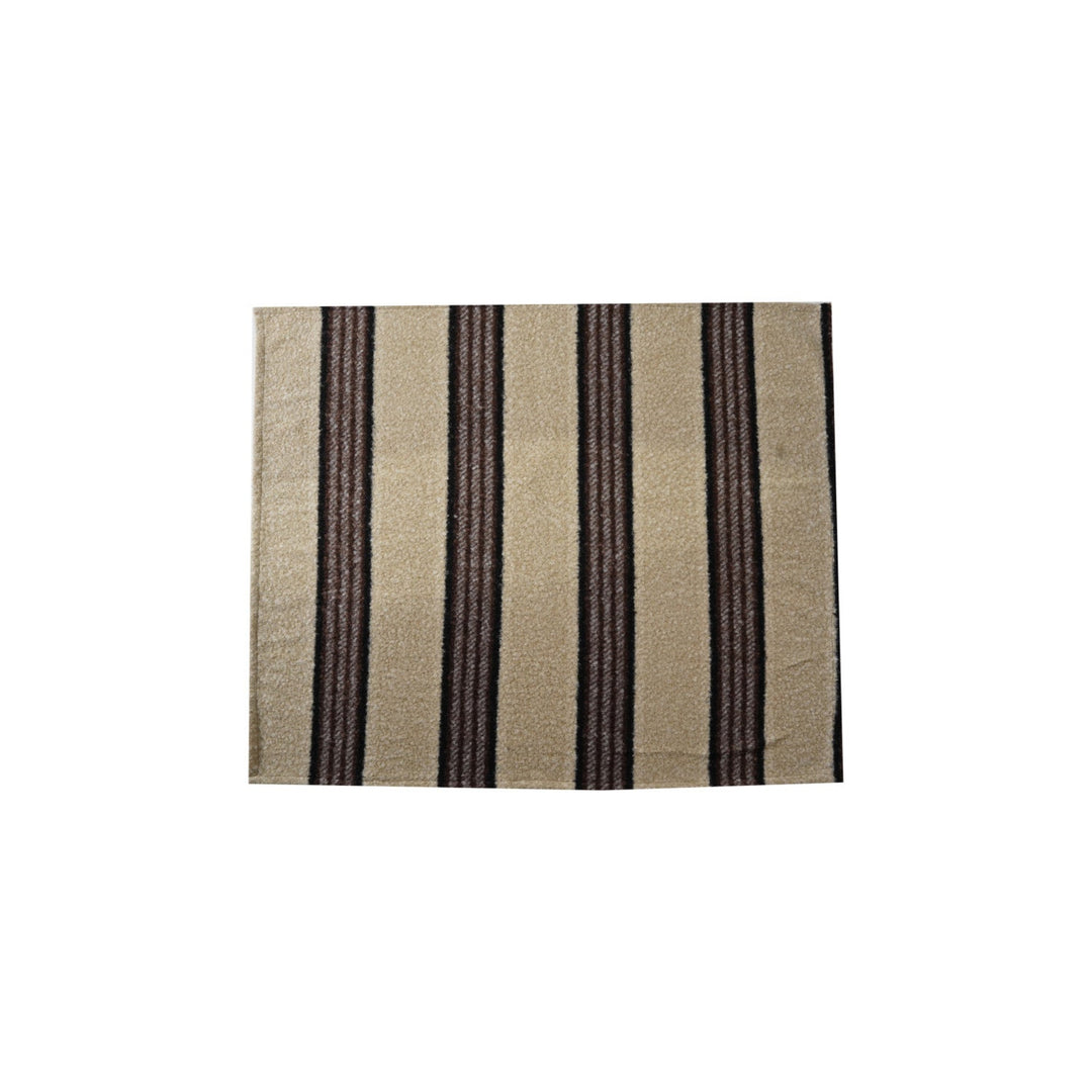 A rectangular woven textile with vertical stripes in beige, brown, and black, shown flat against a plain white background.