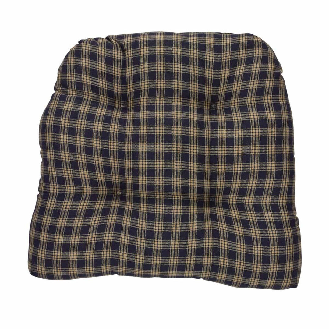Plaid seat cushion with a blue and beige pattern on a white background
