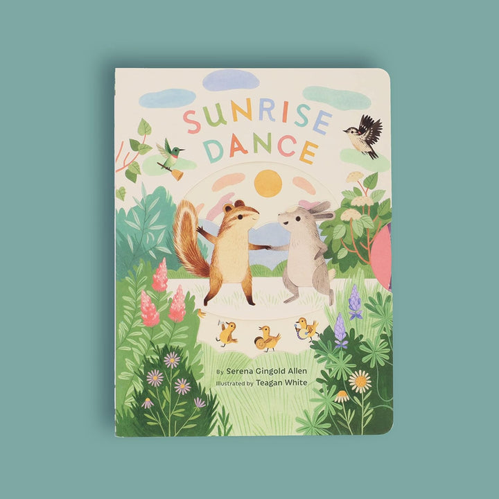 Book cover of 'Sunrise Dance' with illustrations of animals and nature on a teal background