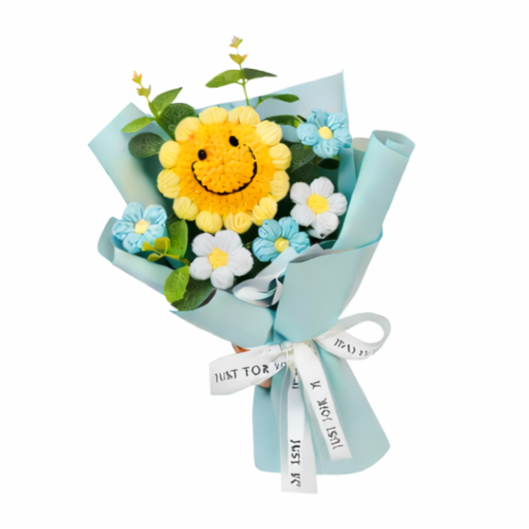 Bouquet with a smiley face flower and greenery on a white background