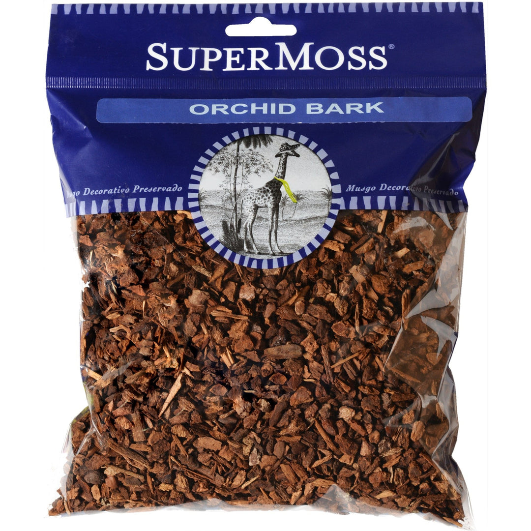 SuperMoss Orchid Bark packaging with blue label and clear window showing brown bark inside.