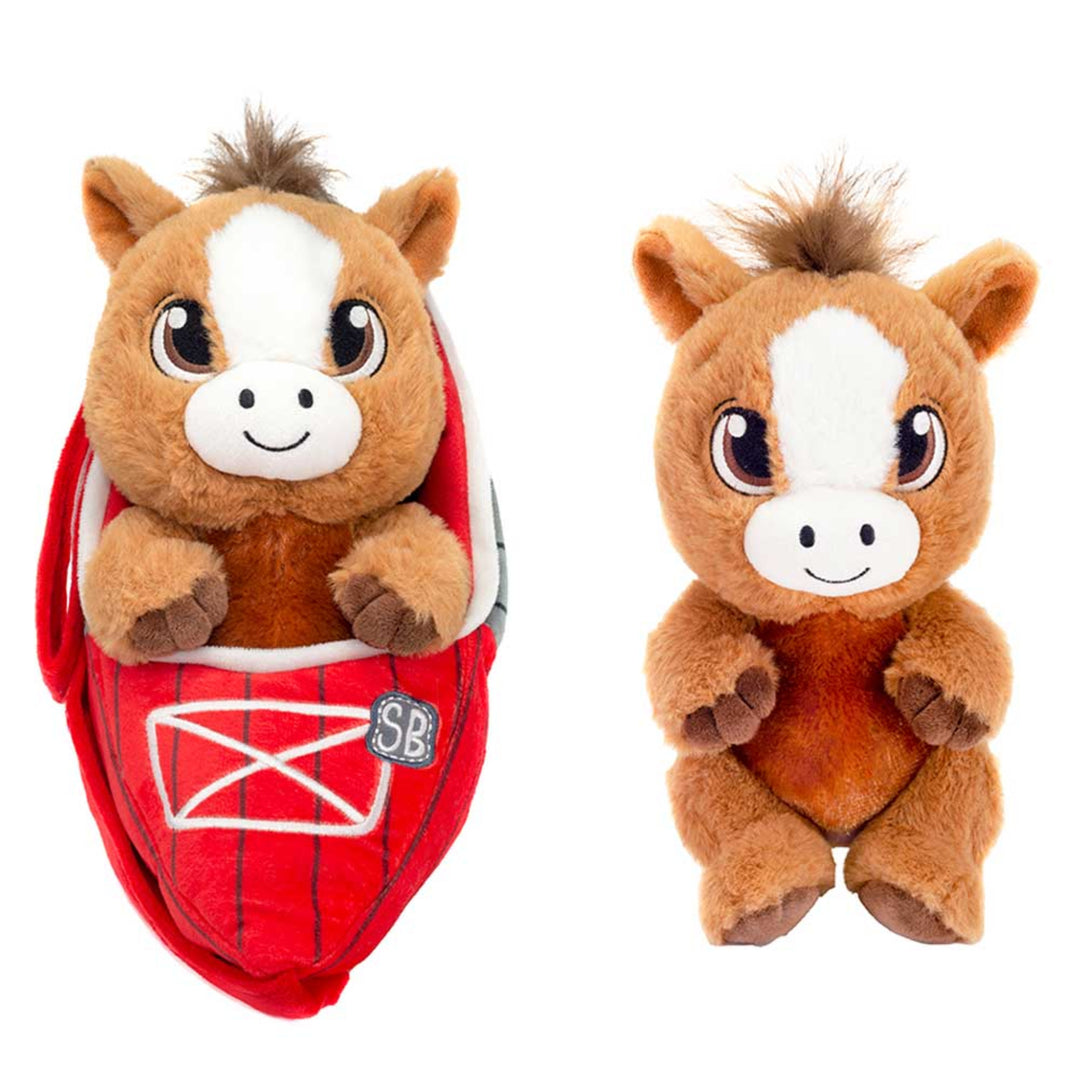 Plush horse toy with a red plaid bag featuring a brand logo.