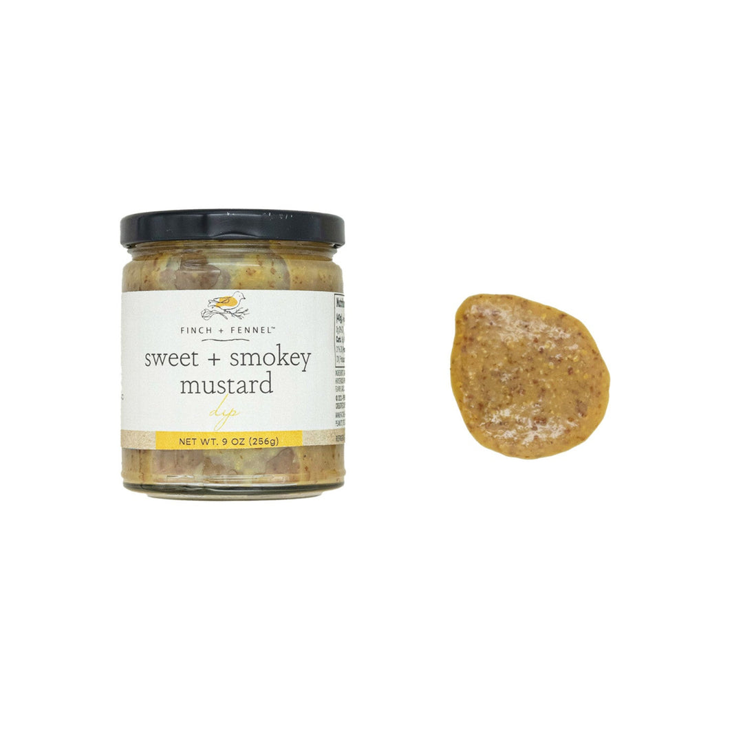 Jar of 'sweet + smoky mustard' with a sample on a white background