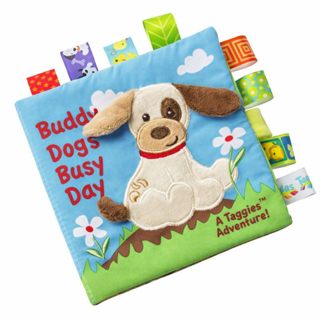 Children's soft book titled 'Buddy Dog's Busy Day' with a cartoon dog on the cover.