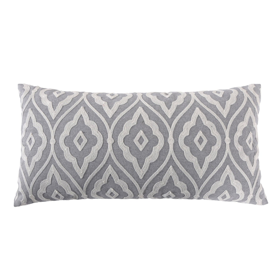 Gray and white patterned pillow on a white background