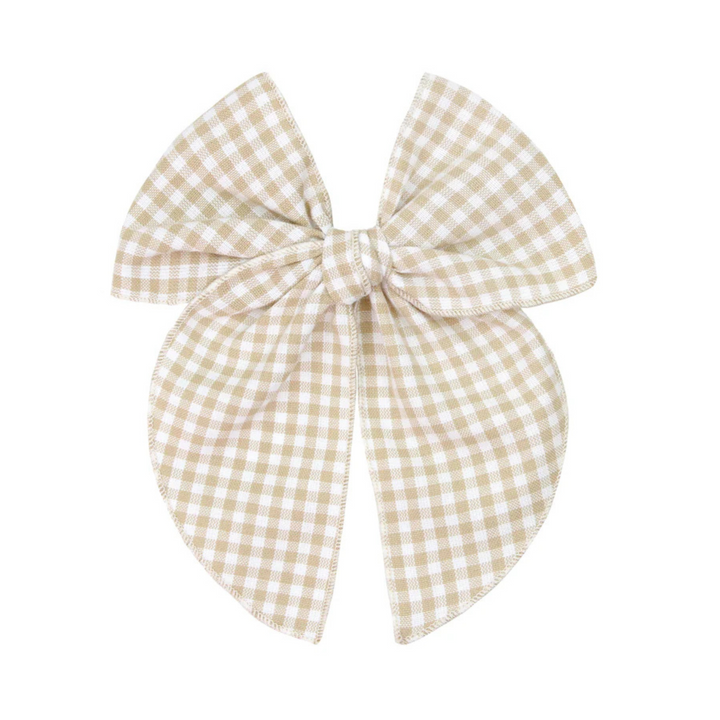 A large beige and white gingham bow with two long tails, shown on a plain white background. A smaller matching gingham bow is partially visible on the left edge.
