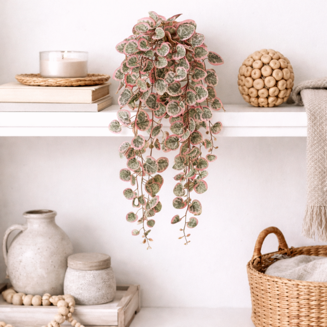 Hanging plant on a shelf with decorative items