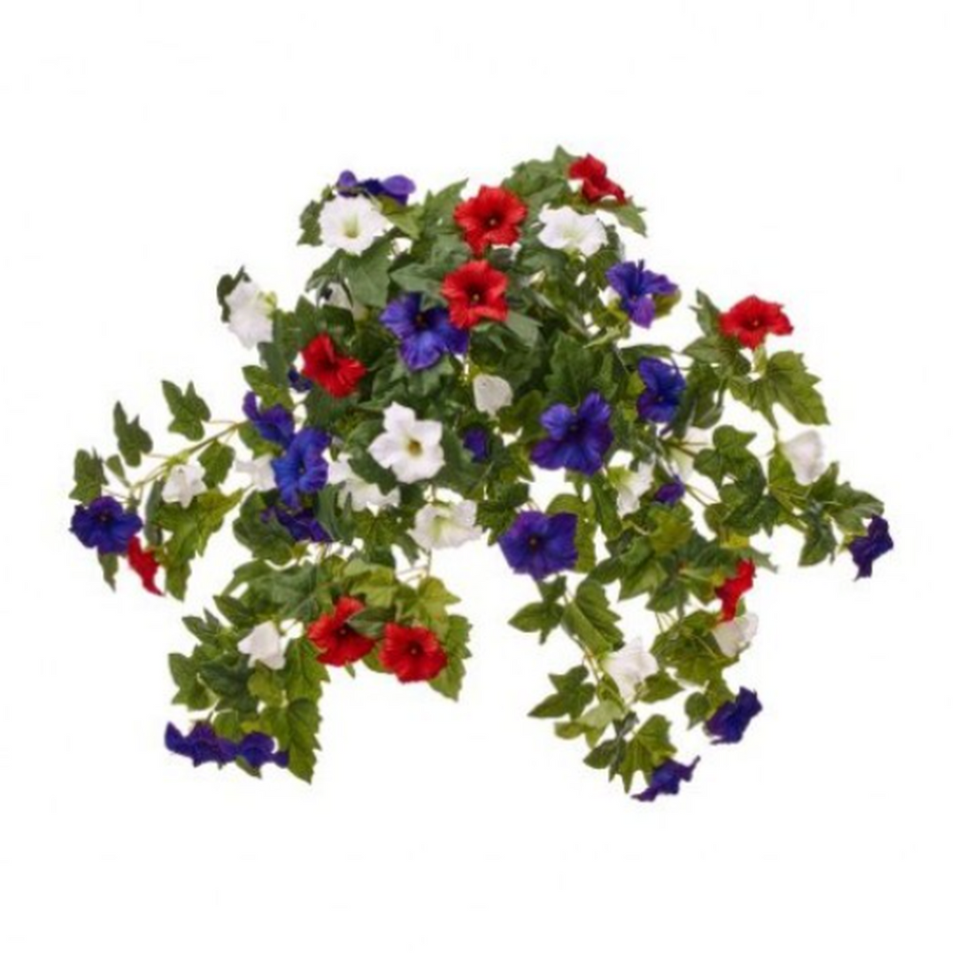 Artificial flower arrangement with red, white, and blue flowers on a white background