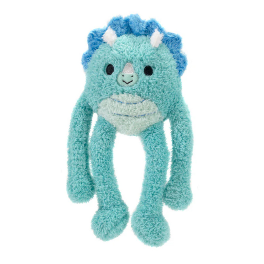 Plush toy with blue fur and white accents on a white background