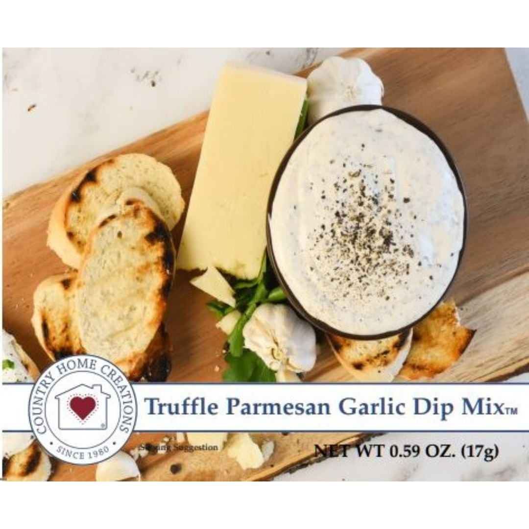 Truffle Parmesan Garlic Dip Mix with bread and cheese on a wooden board, featuring Country Home Creations branding.