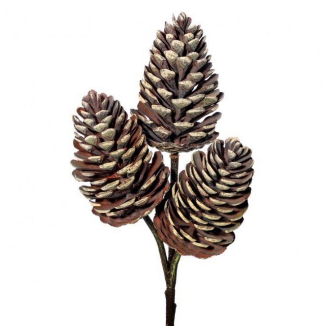 Three realistic artificial pinecones on a single stem, shown against a plain white background.