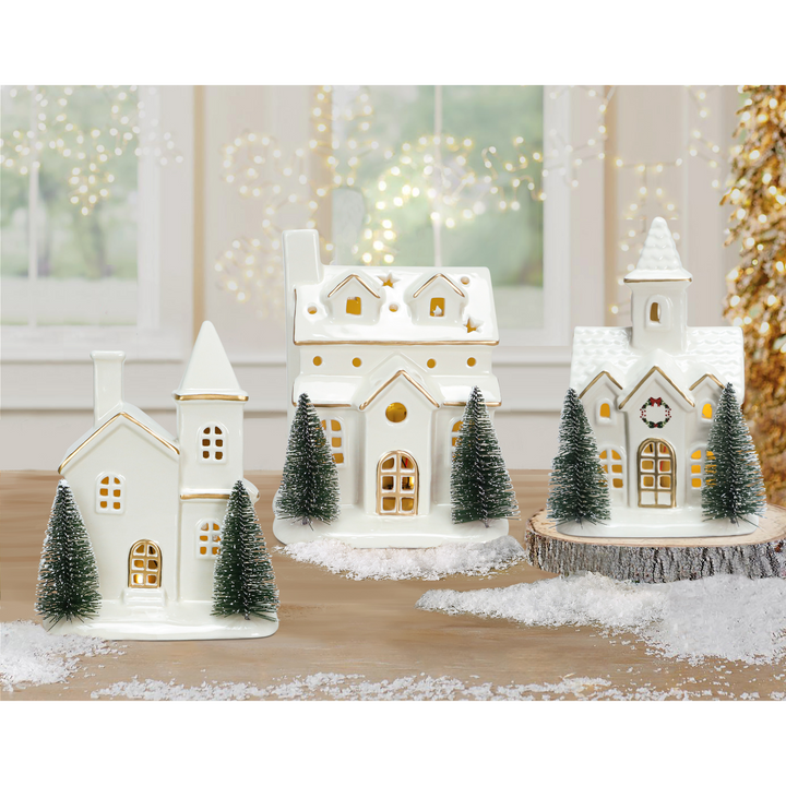 White & Gold Light Up Village House