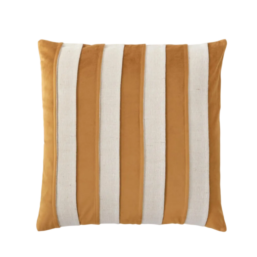Striped pillow with brown and beige vertical stripes on a website background