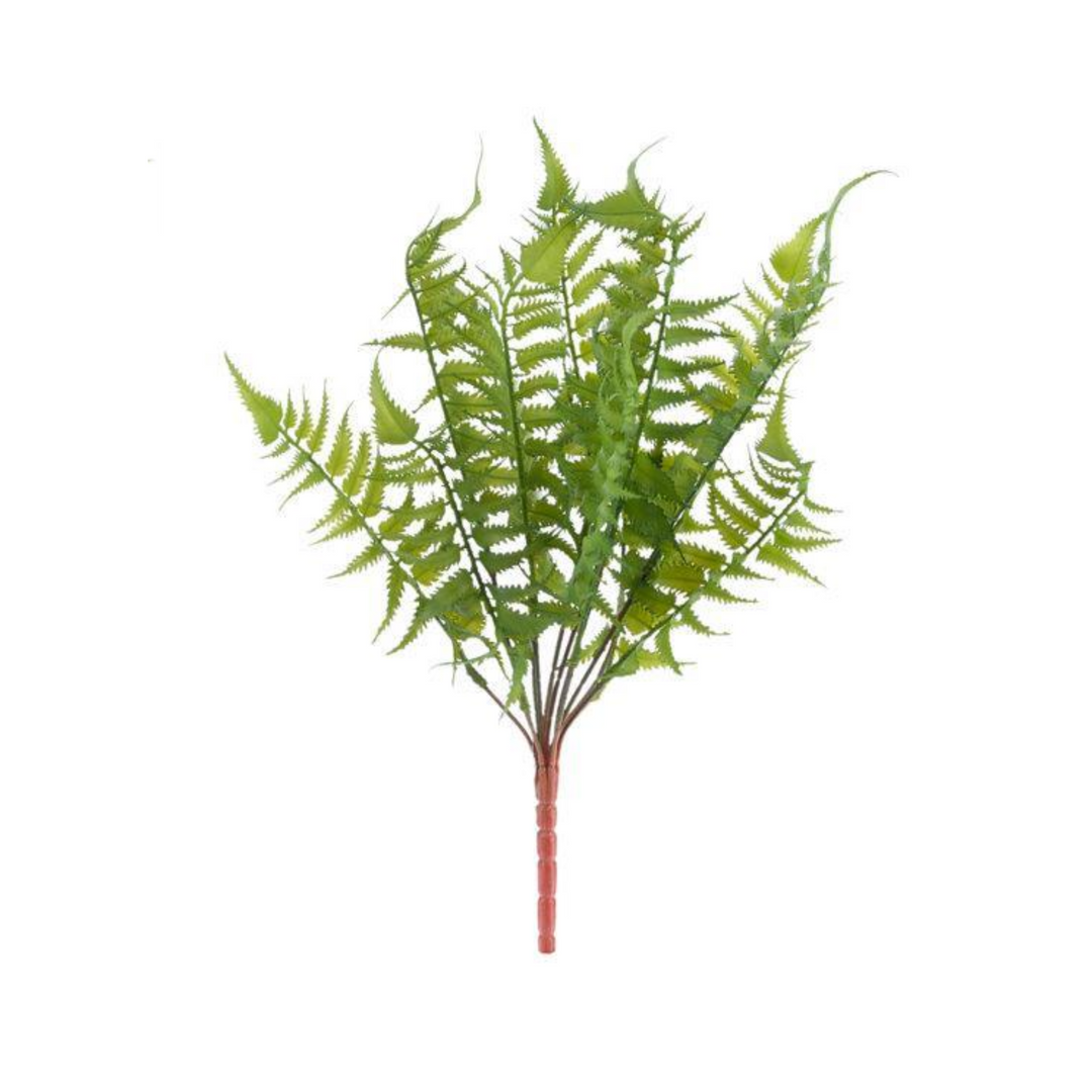 Artificial fern plant with product details on a white background