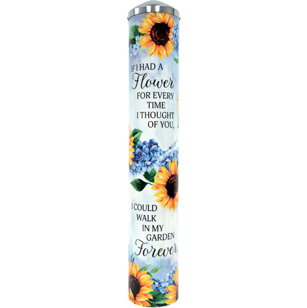 Tumbler with floral design and text on a white background
