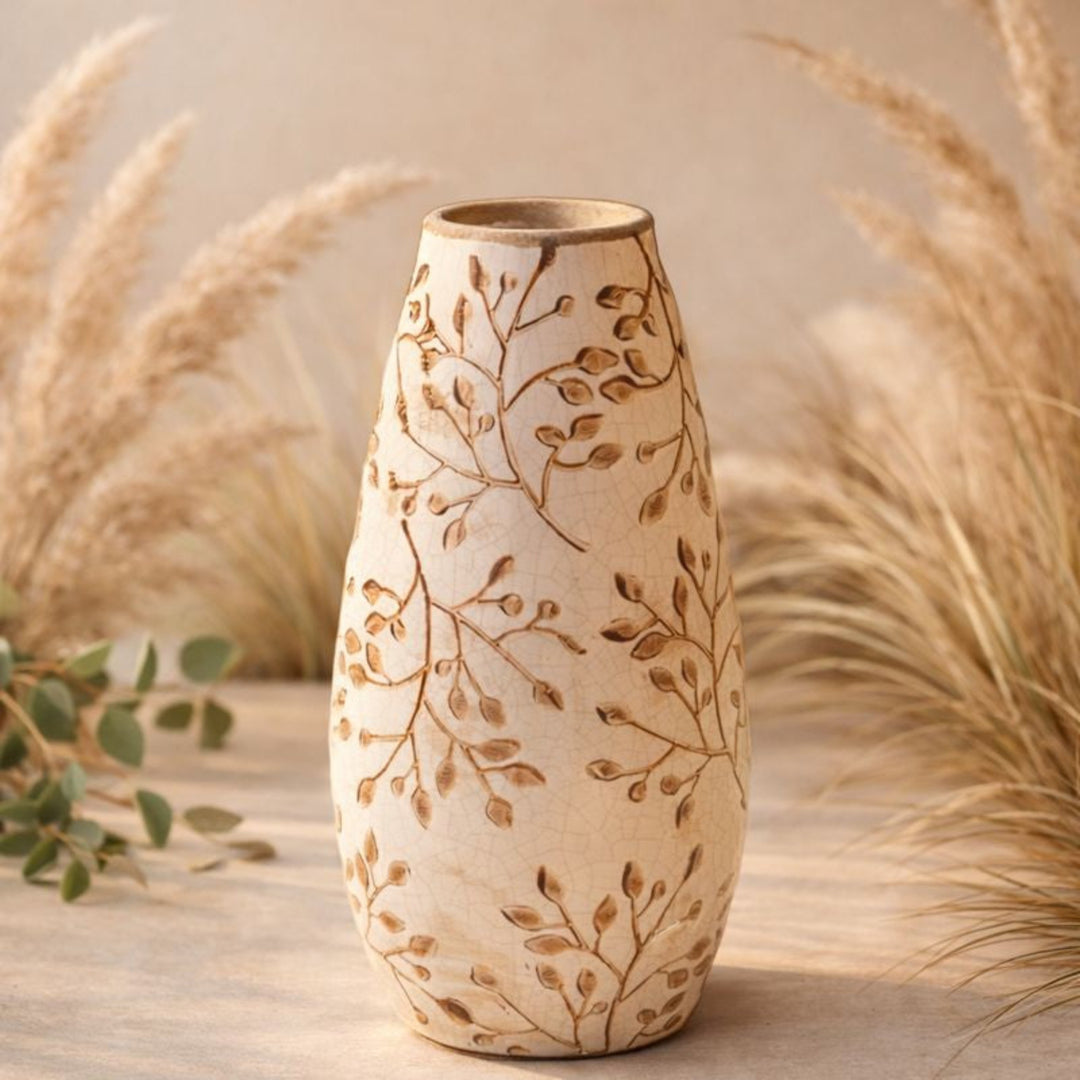 Warm Botanical Ceramic Vase with faux grasses in the background