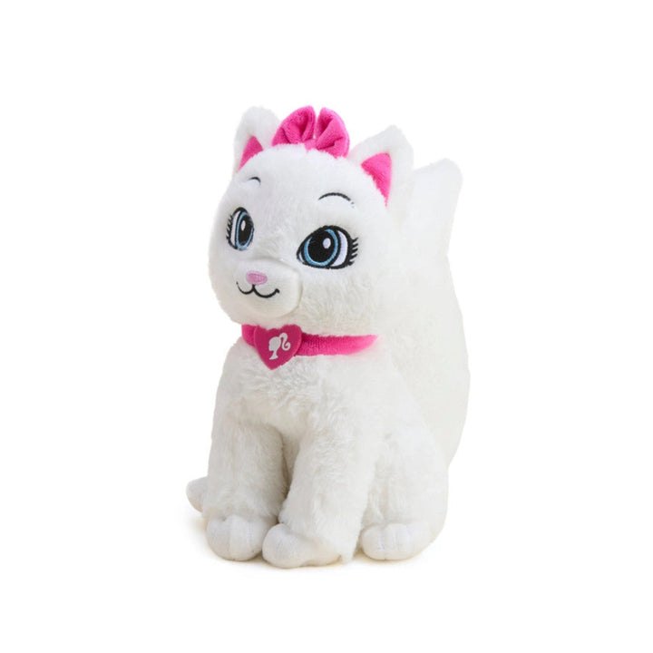 White plush cat toy with pink bow and collar on a white background