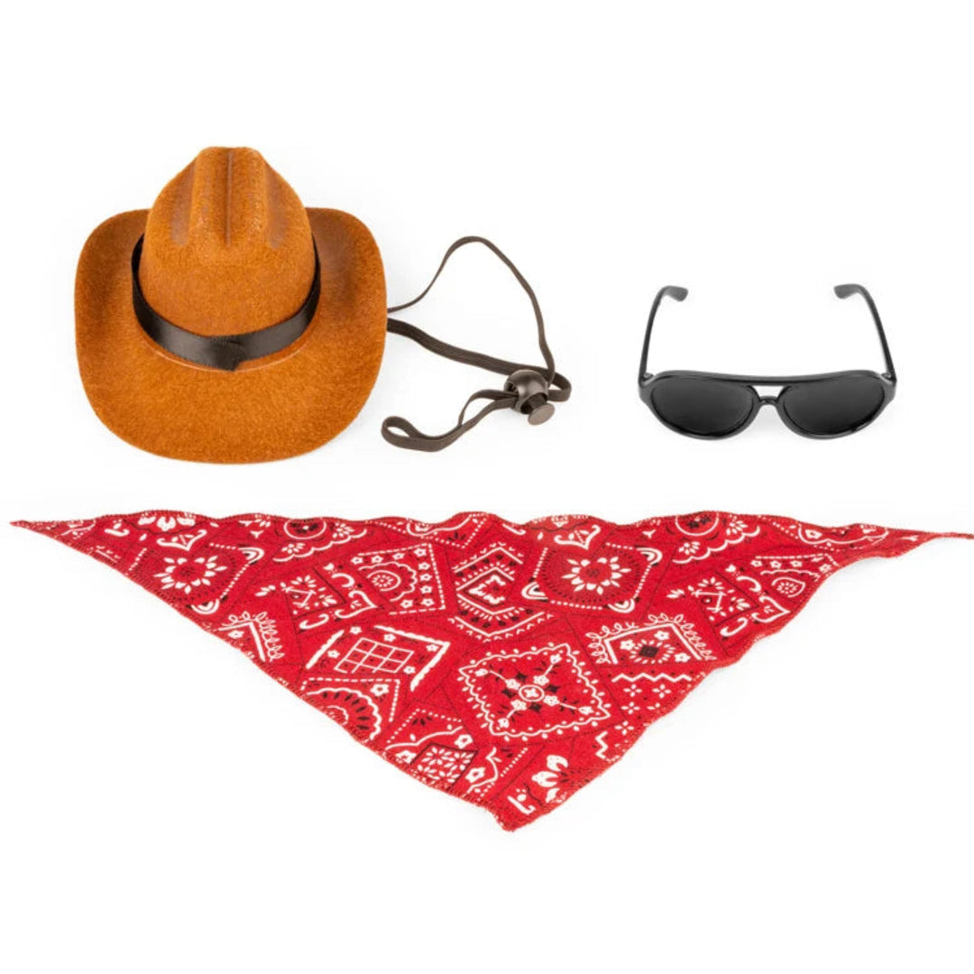 Brown cowboy hat, black sunglasses, and red bandana with white patterns on a white background
