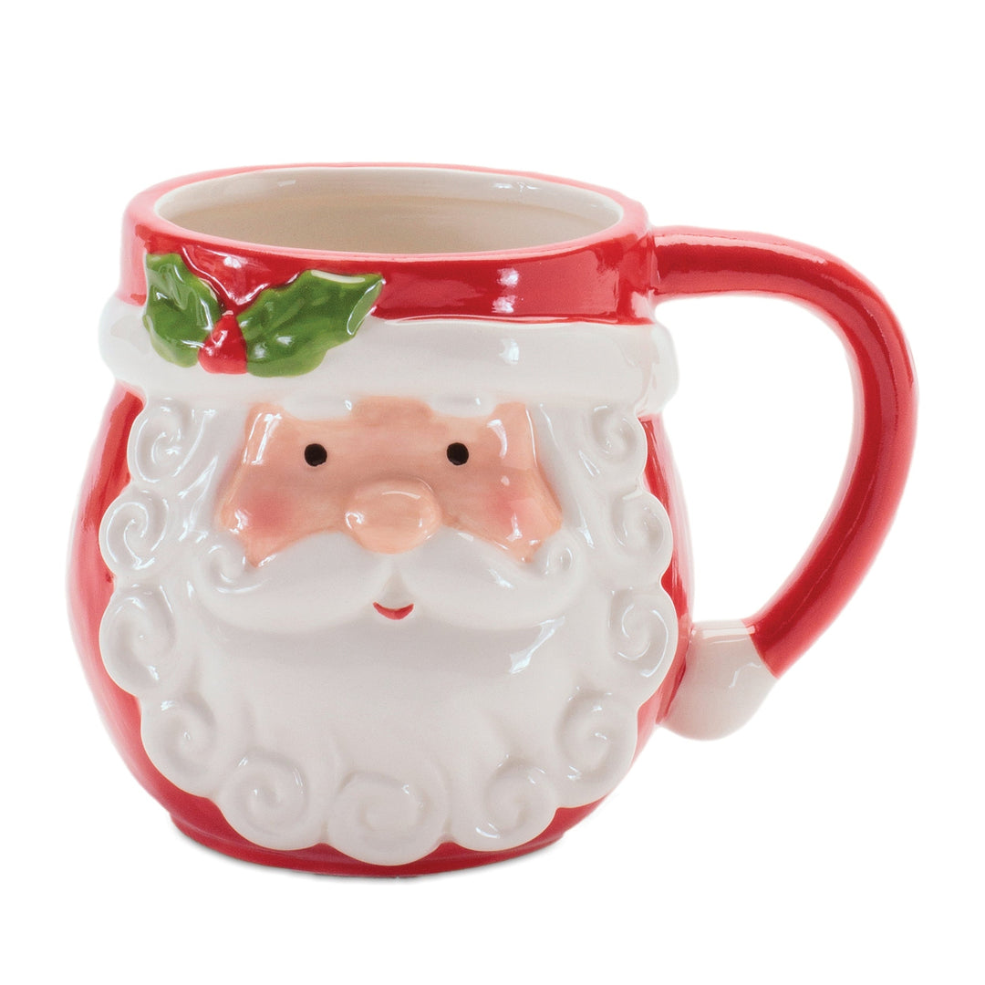 Santa Claus mug with a red rim and white face on a white background