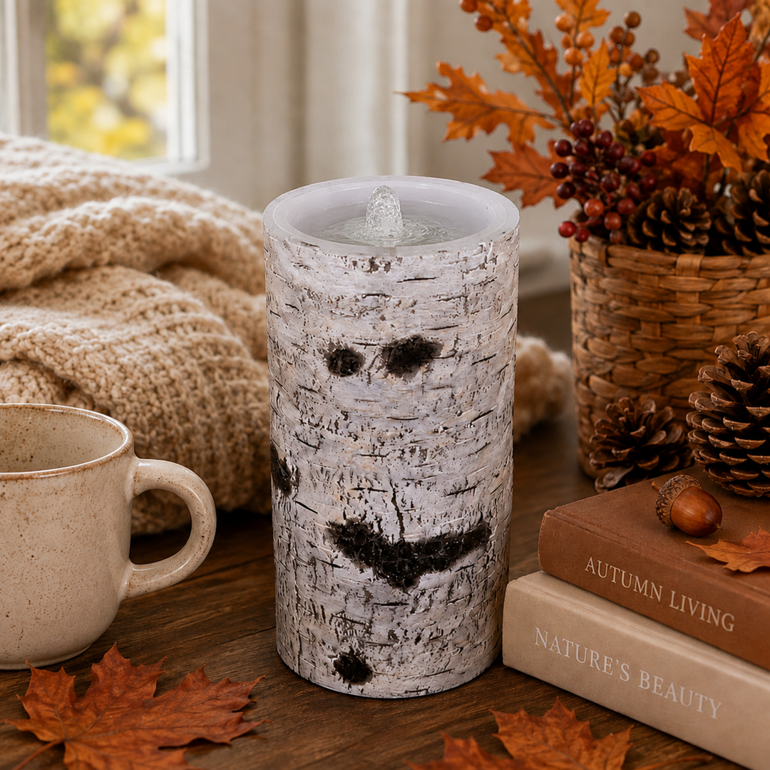 A birch tree-patterned flameless LED pillar candle sits on a wooden table surrounded by cozy fall decor, including a knitted blanket, a mug, books, pinecones, and autumn leaves.