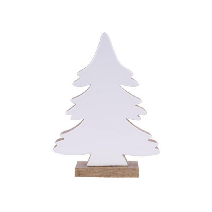 A white wooden Christmas tree silhouette decoration with a natural wood base, shown on a white background with partial product details on the right.